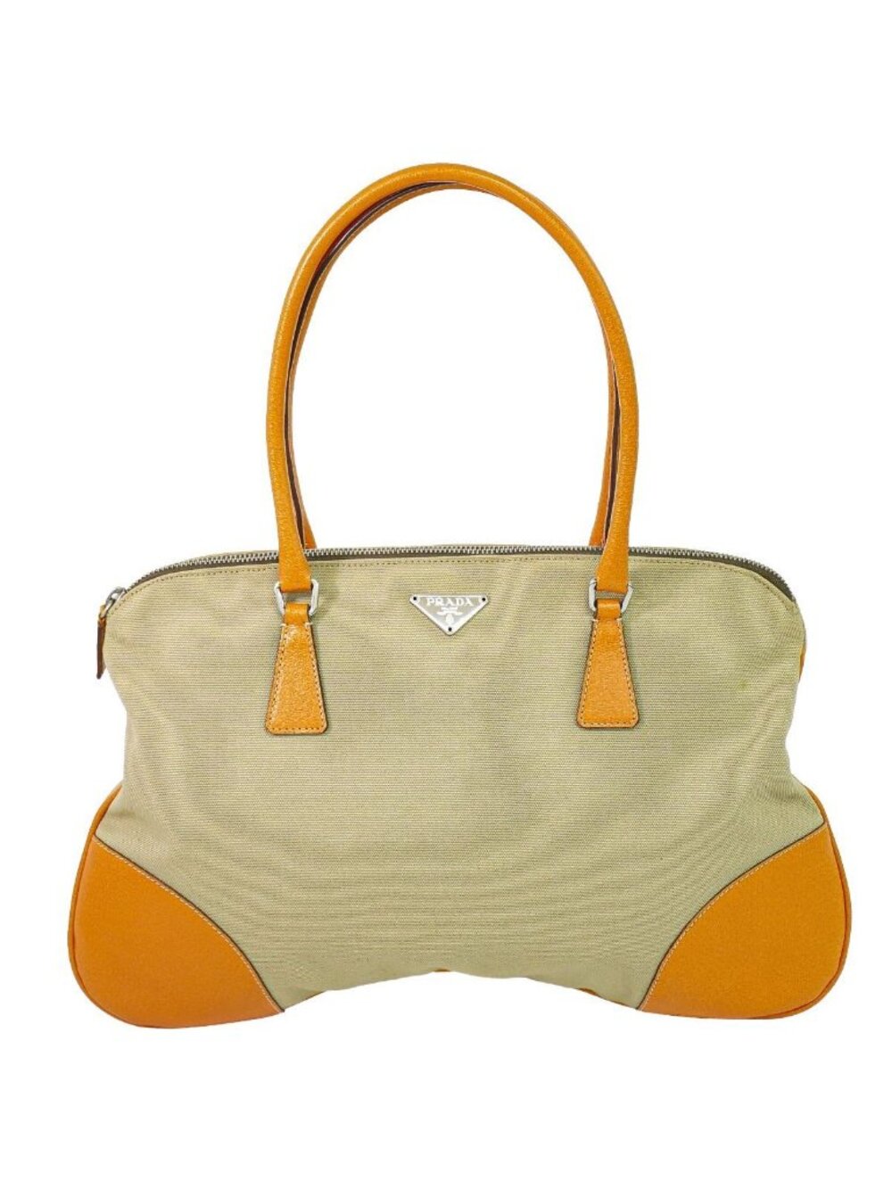 Prada Canvas Leather Shoulder Bag Tote Beige Orange